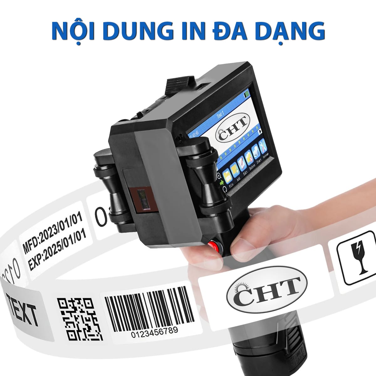 Nội dung in đa dạng: Date, text, logo, mã vạch...